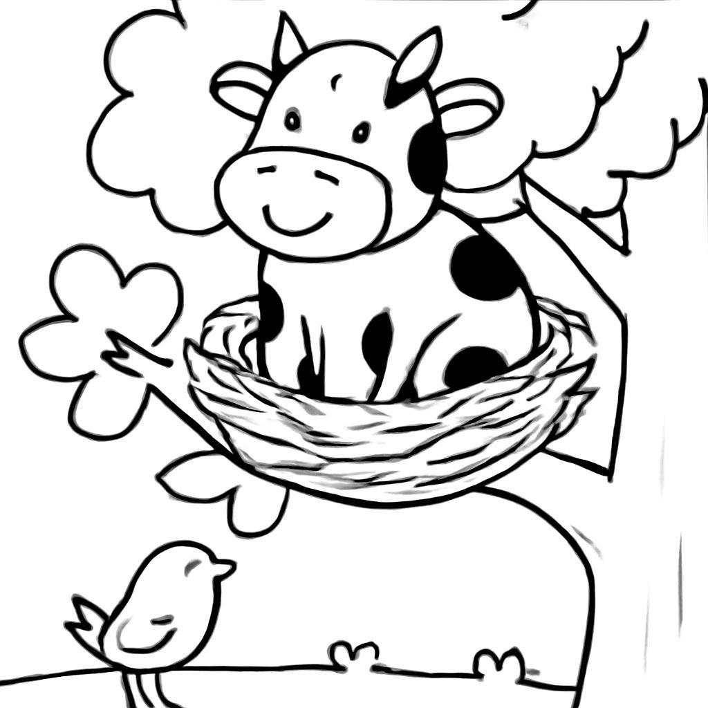 Black-and-white line-art coloring page for kids: a whimsical scene where a happy cow is sitting in a bird's nest high on a tree branch, while a small bird is walking on the ground below, simple bold contours, no shading, friendly folk style.
