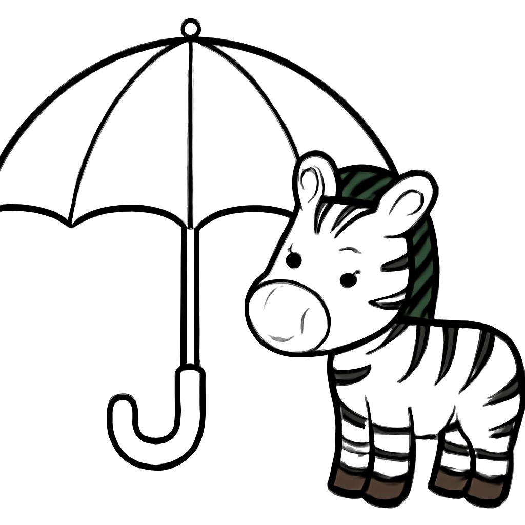 Black-and-white line-art coloring page for kids: a large umbrella (Зонт) and a small zebra (Зебра) standing next to each other. Simple bold contours, no shading.