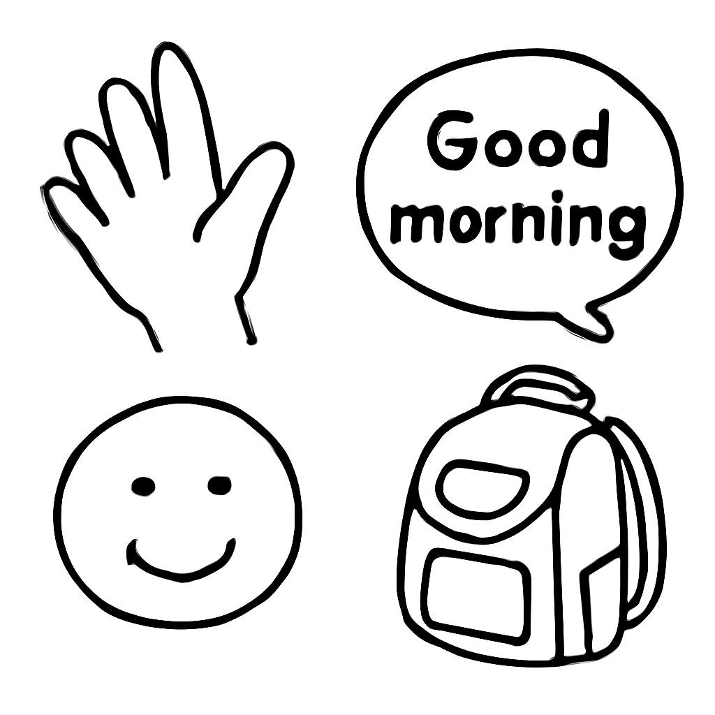 Black-and-white line-art for kids: a 2x2 grid of four distinct objects. Cell 1: a hand waving 'hello'. Cell 2: a rising sun meaning 'good morning'. Cell 3: a smiling face with a speech bubble saying 'hi'. Cell 4: a school backpack. Simple bold contours, no shading.