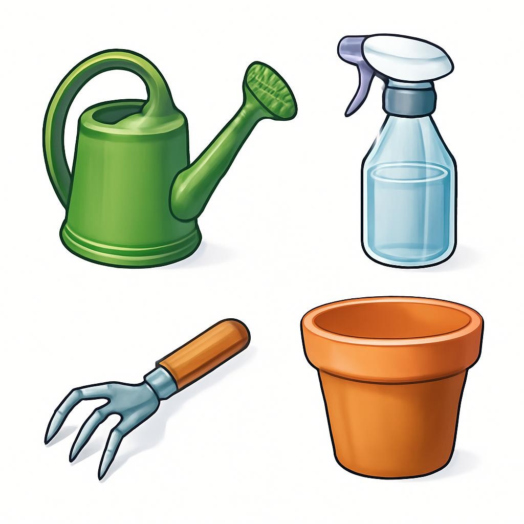 A 2x2 grid of gardening tools: A - a watering can; B - a spray bottle; C - a hand rake for loosening soil; D - an empty clay flower pot. No text.