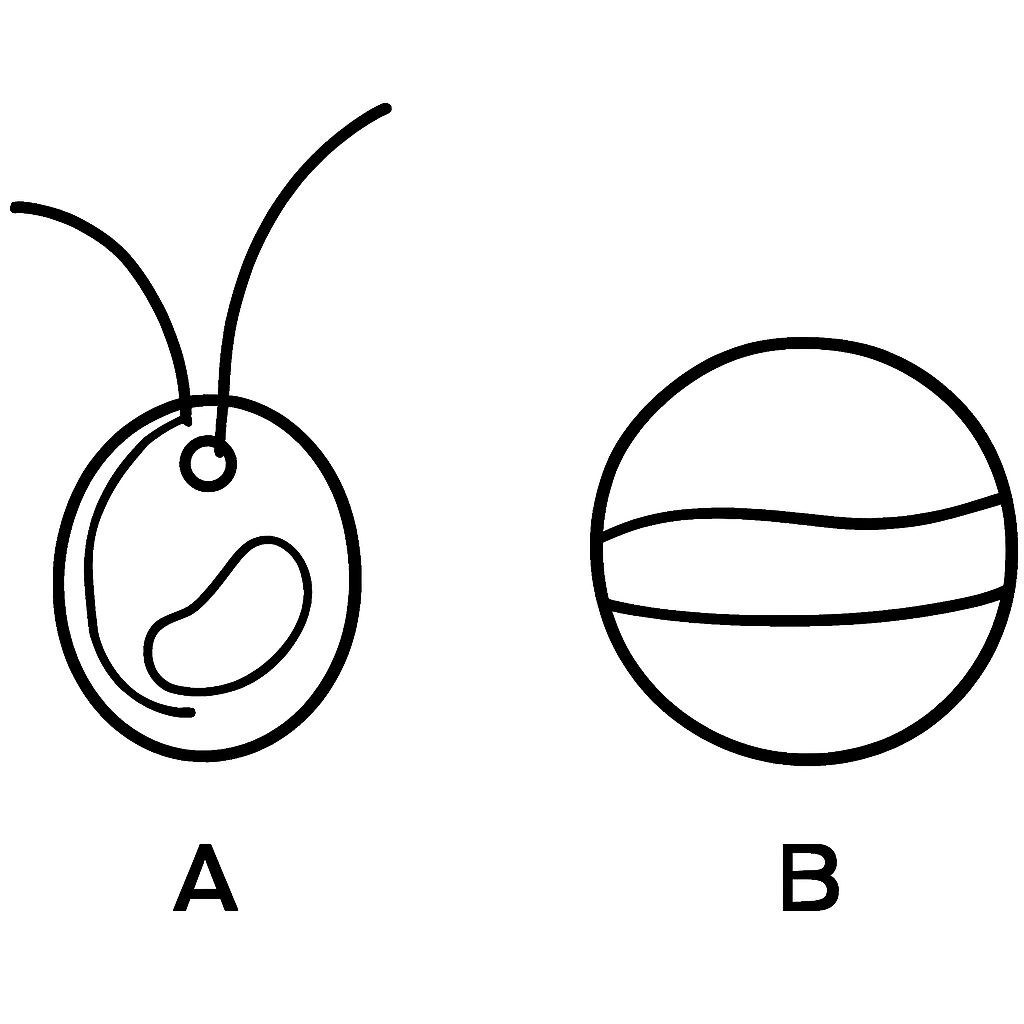 Black-and-white line-art showing two algae side by side: A is Chlamydomonas with flagella and a cup-shaped chloroplast, B is Chlorella as a simple sphere without flagella. Clear bold contours, no shading.