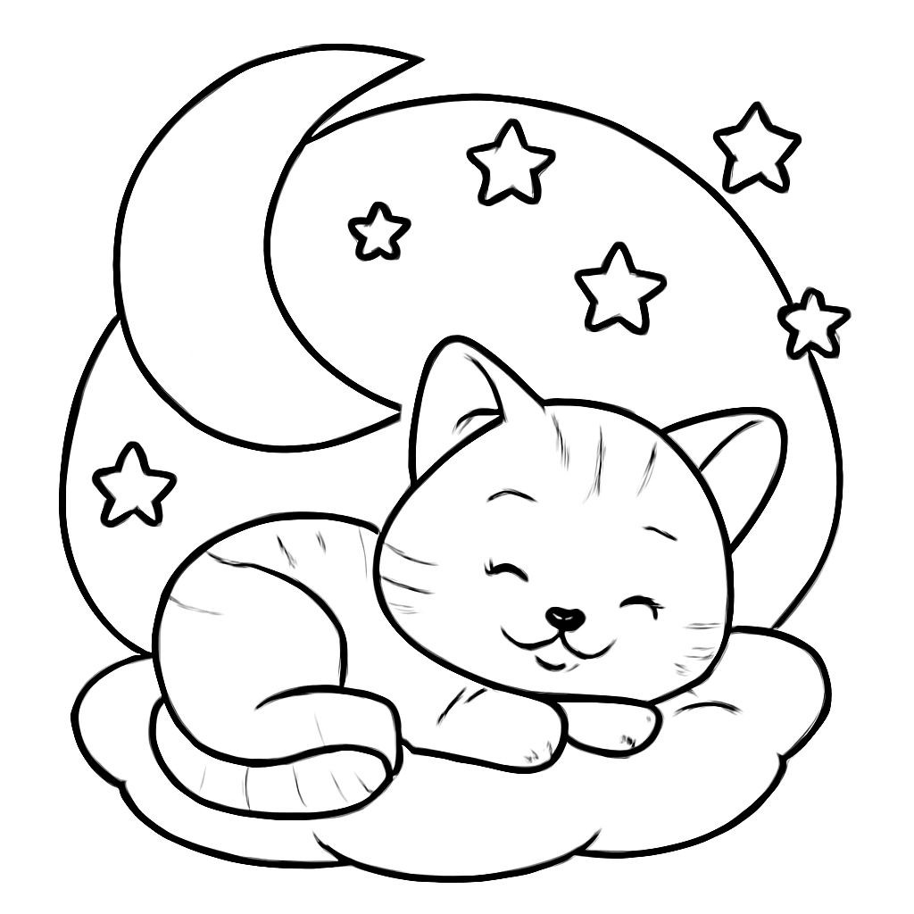 Black-and-white line-art coloring page for kids: a cute smiling kitten sleeping on a soft pillow, a large crescent moon and several small stars in the background sky, simple bold contours, no shading, peaceful atmosphere.