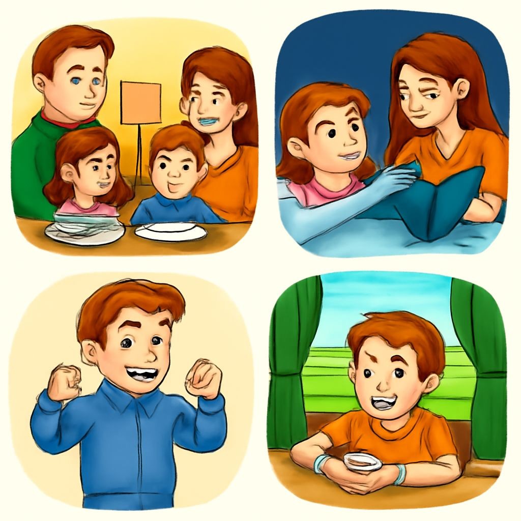 A 2x2 grid of four scenes for kids. Top-left: a family eating dinner with a cozy lamp on. Top-right: a girl in bed listening to a bedtime story. Bottom-left: a boy putting on his blue pajamas. Bottom-right: a boy eating breakfast with a bright rising sun outside the window. Simple cartoon style, friendly smiling faces, clear shapes, no text.