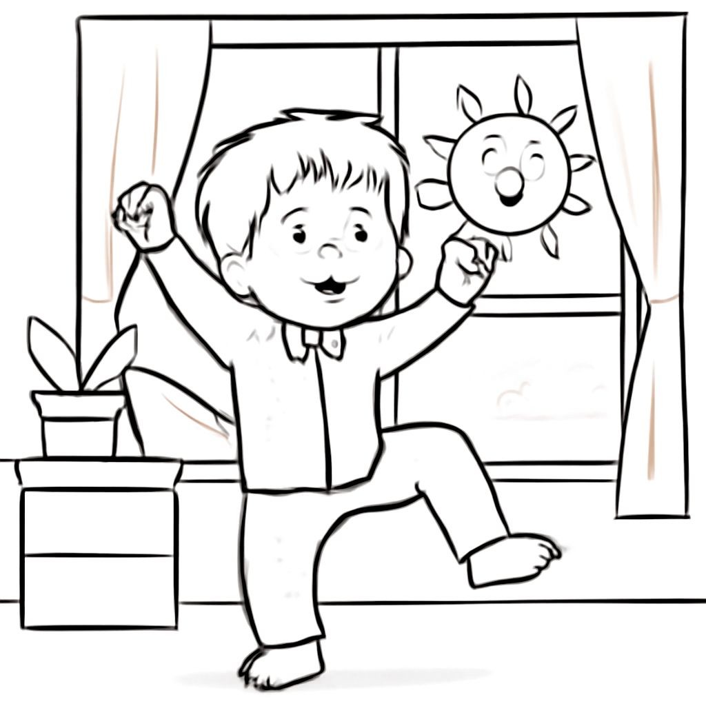 Black-and-white line-art coloring page for kids: a happy boy in pajamas doing morning exercises in a sunny room, a smiling sun is visible through the large window, simple bold contours, no shading, friendly atmosphere.