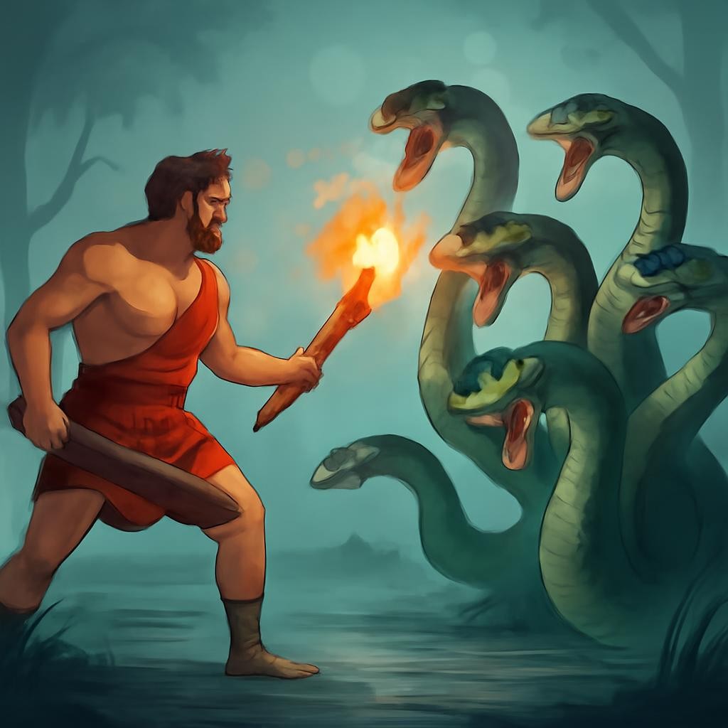 Слайд 8 «Второй подвиг: Лернейская гидра» — иллюстрация к презентации «Геракл: величайший герой Древней Греции» по литературе для 5 класса