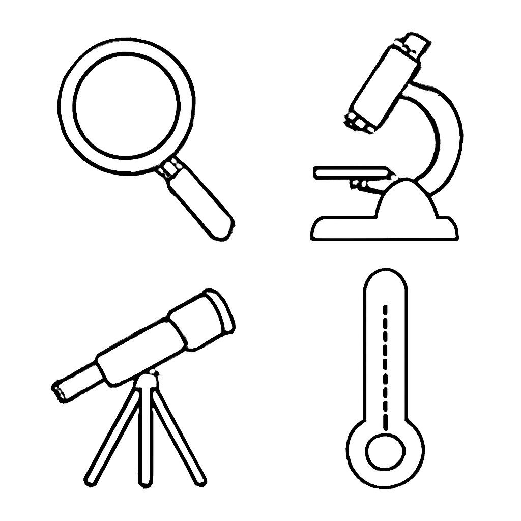 A grid of 4 separate scientific tools for children: top-left quadrant is a magnifying glass; top-right quadrant is a laboratory microscope; bottom-left quadrant is a telescope for stargazing; bottom-right quadrant is a liquid thermometer. Simple flat illustration style, white background, no text.