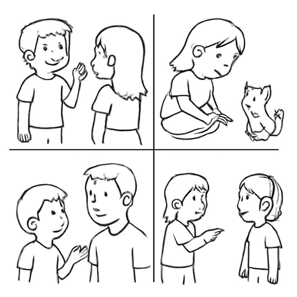 A 2x2 grid of four distinct cartoon scenes, flat vector style, plain white background, no text. Top-left: A boy waves his hand to a girl who turns around to face him. Top-right: A girl looks at a small kitten that looks back at her. Bottom-left: A child talks to his father who looks at him and listens. Bottom-right: Two kids talk to each other, pointing at a third child far away who wears headphones and does not hear them.