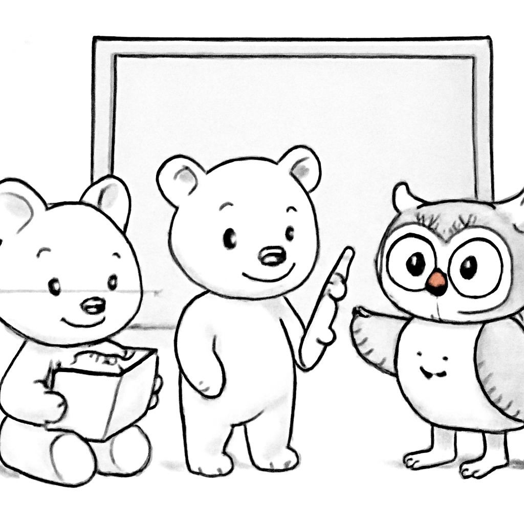Black-and-white line-art coloring page: A cute fox holding a book, a small bear holding a pencil, and a wise owl standing at the chalkboard. Friendly style, simple bold contours, no shading.
