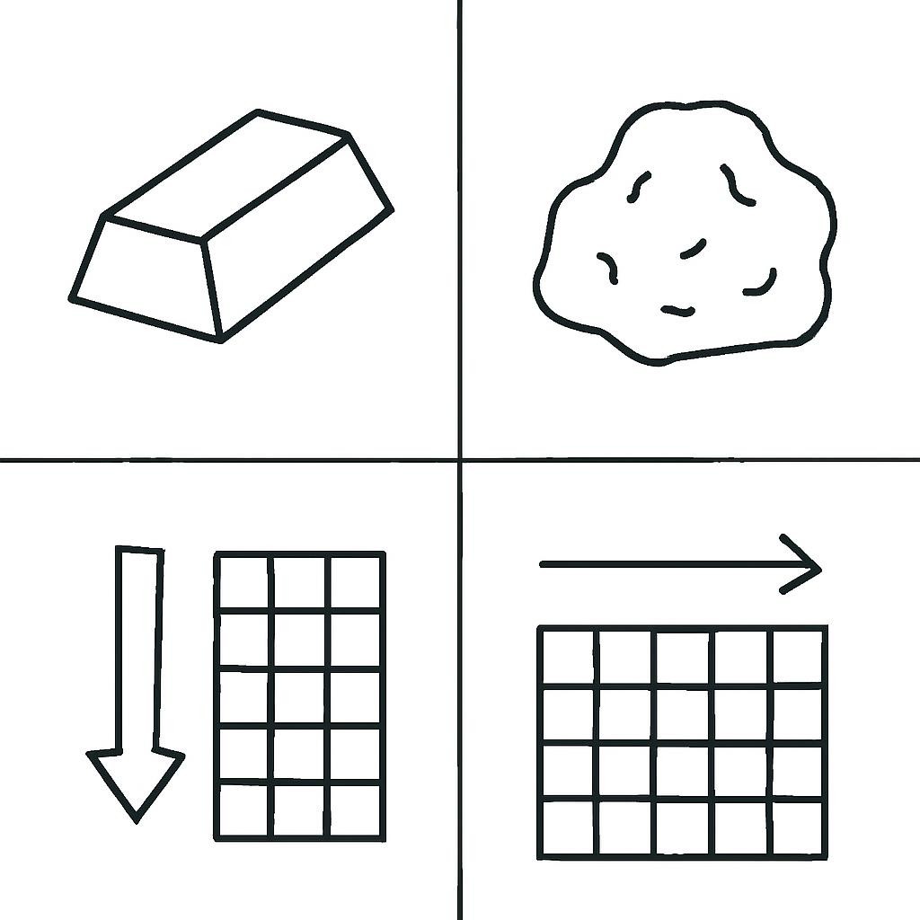 A 2x2 grid of educational icons related to the Periodic Table. Top-left: a shiny gray metallic ingot. Top-right: a stylized yellow crystal of sulfur. Bottom-left: a large arrow pointing down along a vertical axis of a grid. Bottom-right: a large arrow pointing right along a horizontal axis of a grid. Minimalist flat design, scientific icons, no text.