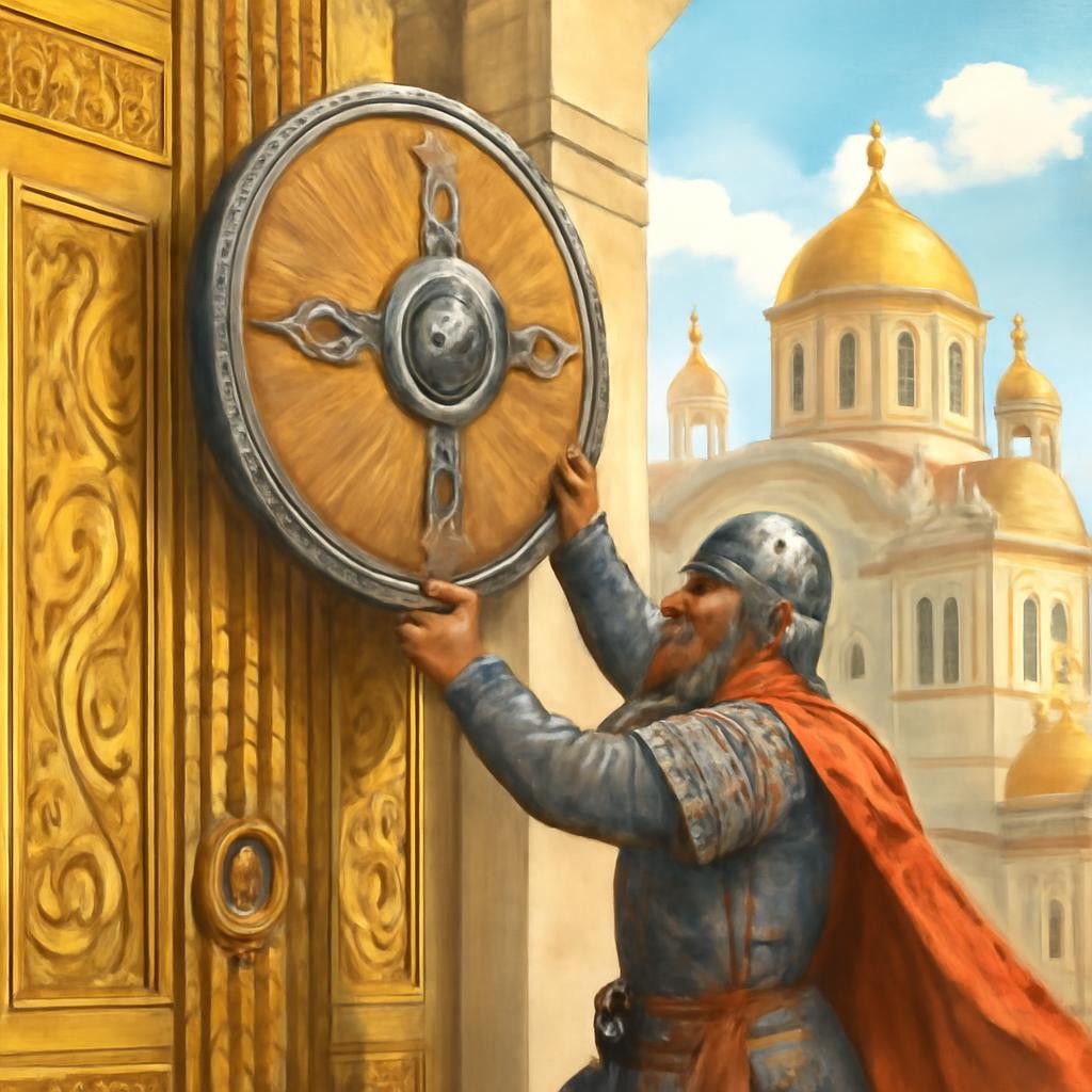Слайд 7 «Щит на вратах Царьграда» — иллюстрация к презентации «Летопись — голос истории» по литературе для 4 класса