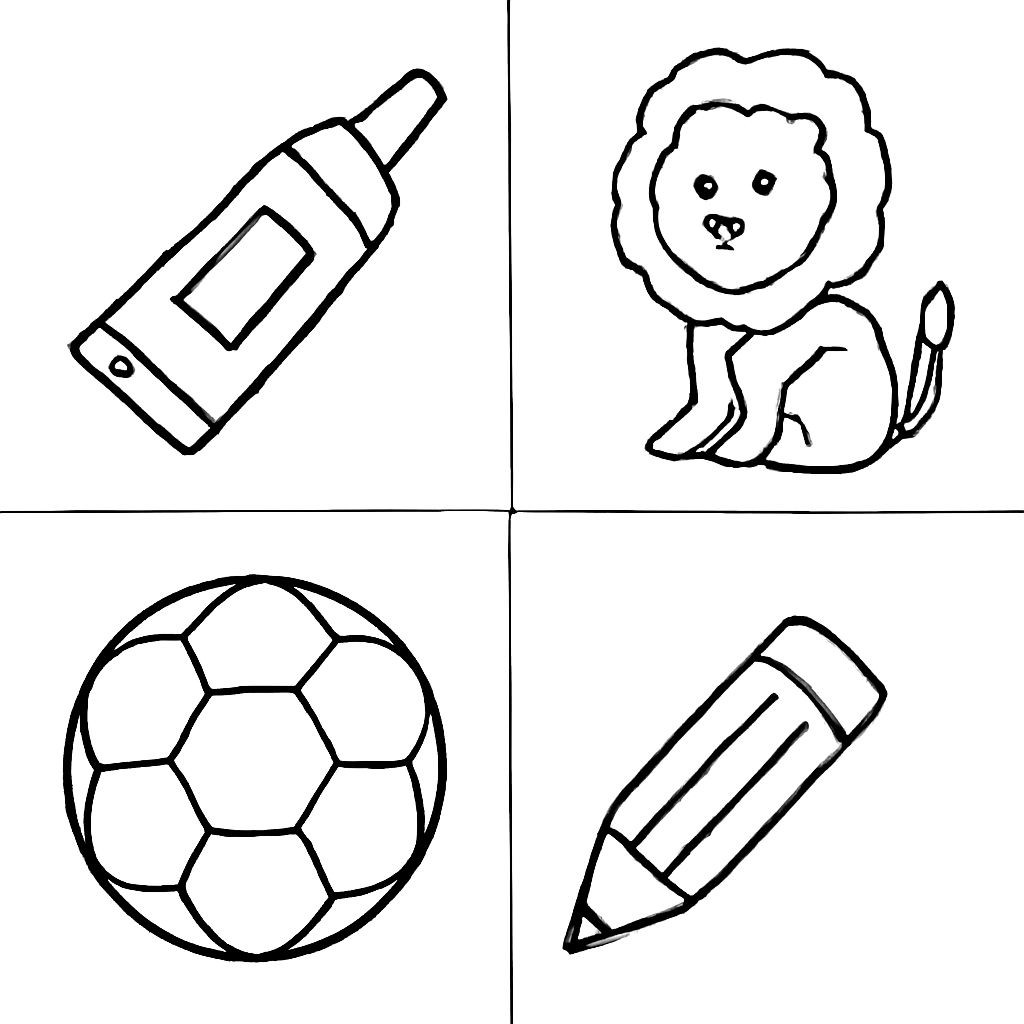 A 2x2 grid of four distinct objects: a tube of glue (Клей), a lion (Лев), a soccer ball (Мяч), and a small fish (Кит). Black-and-white line-art, simple bold contours, no shading, white background.