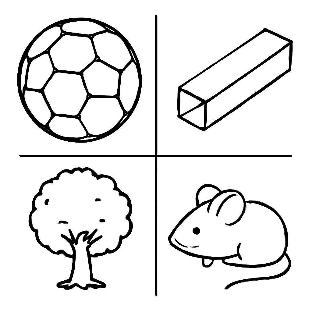 A 2x2 grid of four distinct objects: a ball (мяч), a piece of chalk (мел), a world globe (мир), and a mouse (мышь). Simple black and white line art, bold contours, no shading, no text.