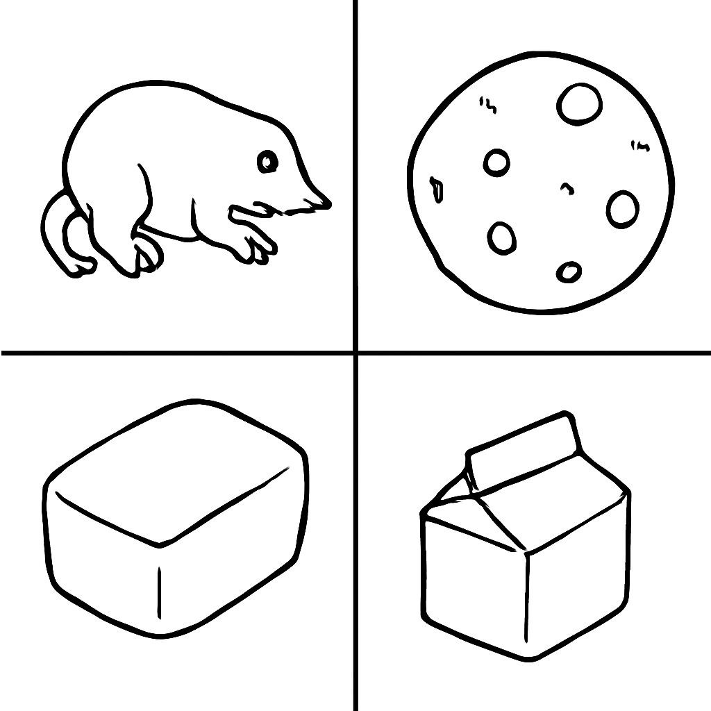 A 2x2 grid showing: a mole (Крот), the moon (Луна), a poppy (Мак), and a hand pointing to 'mine' (Мой). Black-and-white line-art, simple bold contours.