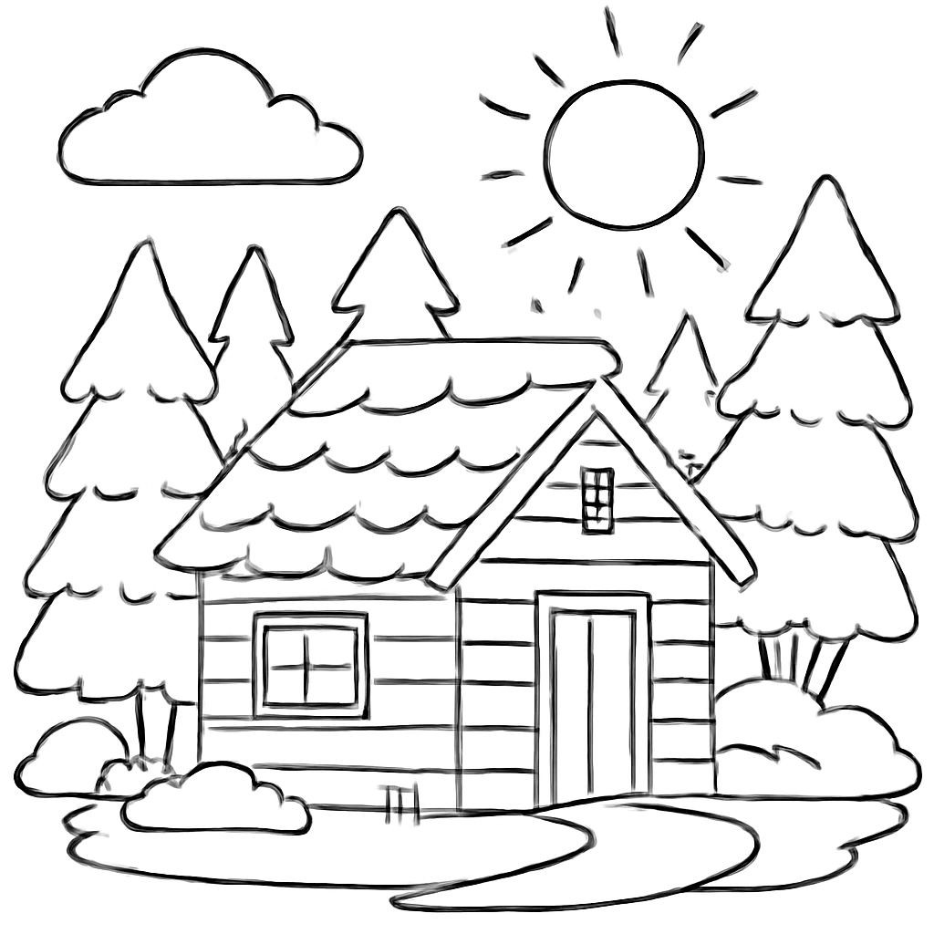 Black-and-white line-art coloring page for kids: a small cozy wooden house in the forest surrounded by spruce trees. Simple bold contours, sunny day, white background, suitable for crayons.