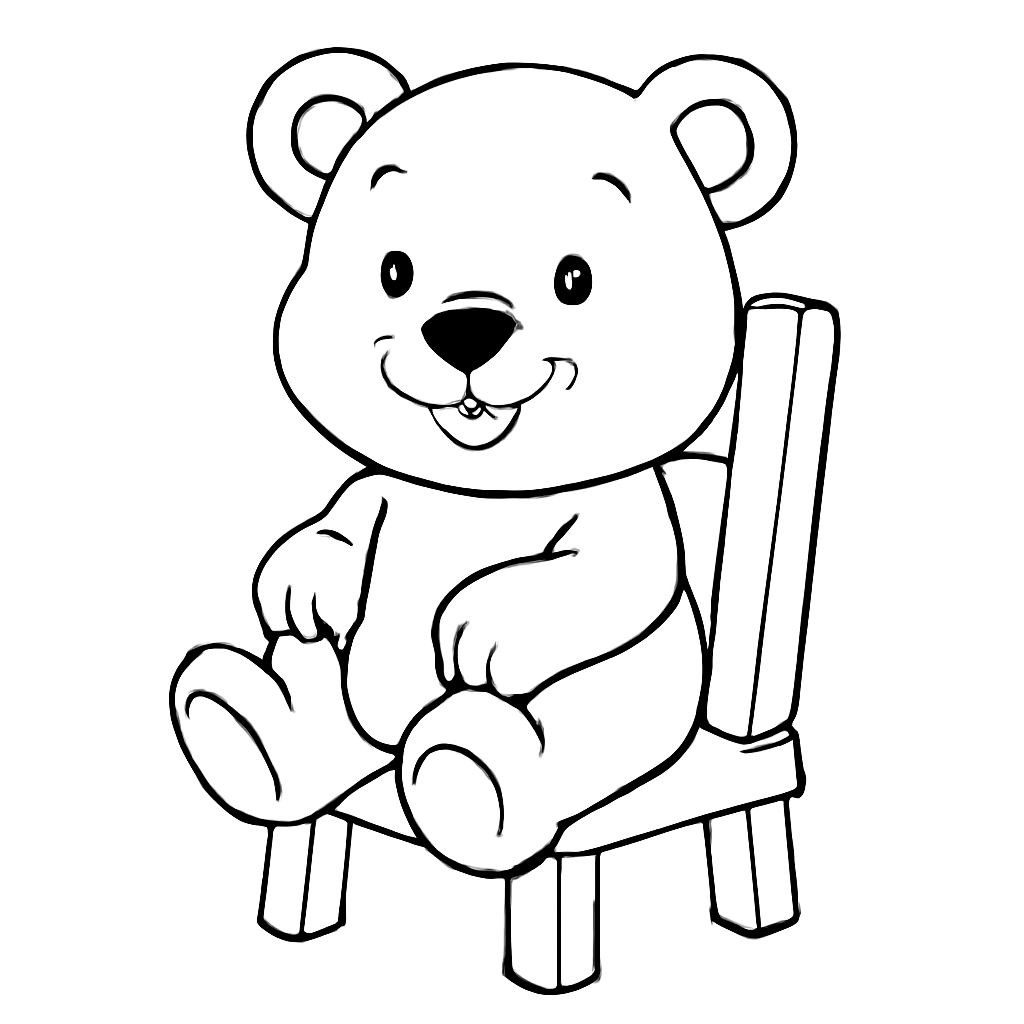 Black-and-white line-art coloring page for kids: a small happy baby bear sitting on a little wooden chair. Simple bold contours, friendly face, white background, suitable for crayons.