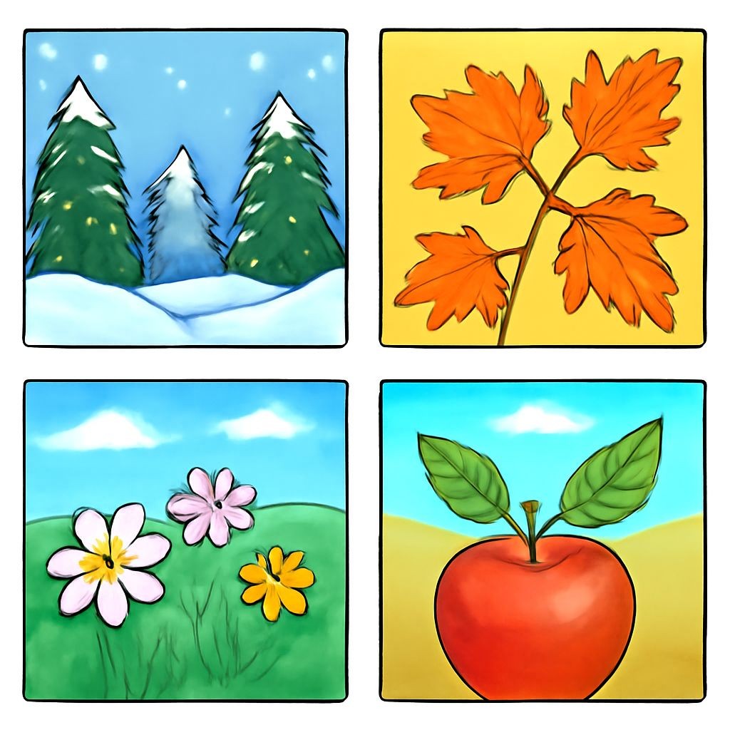 A 2x2 grid of four seasonal nature scenes: A. Snow falling in a forest (winter), B. Bright yellow and orange maple leaves (autumn), C. Blooming flowers and green grass (late spring), D. A field of ripe golden wheat (late summer). Clear, vibrant, simple illustrations for children, no text.