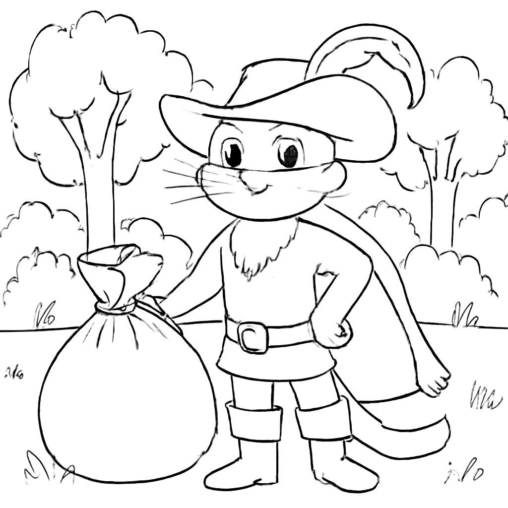 Puss in Boots with a large sack in a fairytale forest