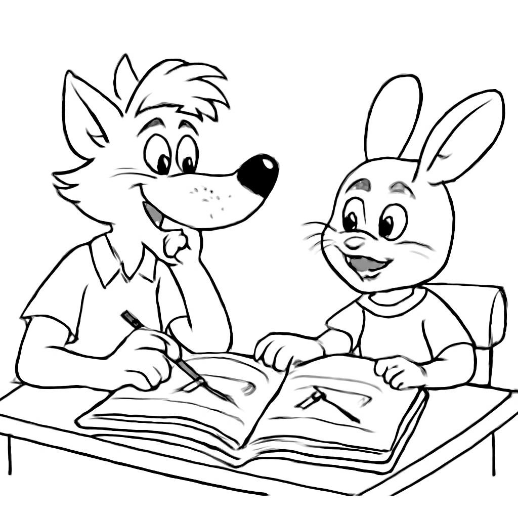 Wolf and Hare from Nu Pogodi cartoon sitting at a wooden desk with a large open math book, vibrant colors, cartoon style
