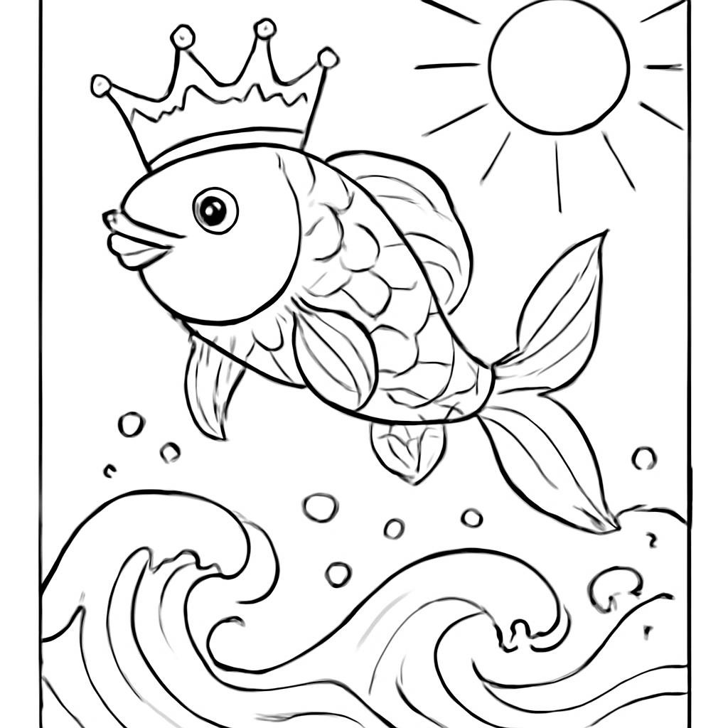 A magical golden fish jumping out of blue sea waves under a bright sun, fairy tale style, vibrant colors.