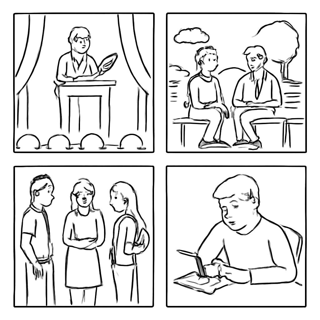 A 2x2 grid of four distinct black and white line art scenes for a school worksheet. Top-left (A): a single person standing on a stage behind a podium, giving a formal speech to an unseen audience. Top-right (B): two friends sitting on a bench in a park, talking informally. Bottom-left (C): three students standing in a circle in a hallway, discussing a project together. Bottom-right (D): a person sitting at a desk, focused on writing a long letter with a pen on paper. Simple, clean, no text on images.