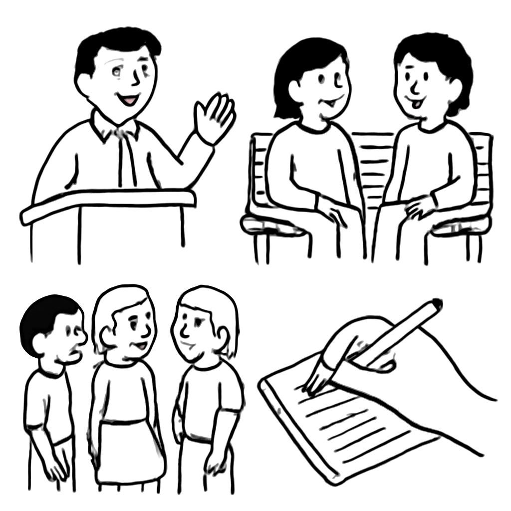 Black-and-white line-art illustration for kids: a 2x2 grid of four distinct scenes. Top-left: one person speaking alone from a podium. Top-right: two people sitting on a bench and talking. Bottom-left: a group of four friends standing in a circle and discussing something. Bottom-right: a hand holding a pen and writing in a notebook. Simple bold contours, white background, no shading.