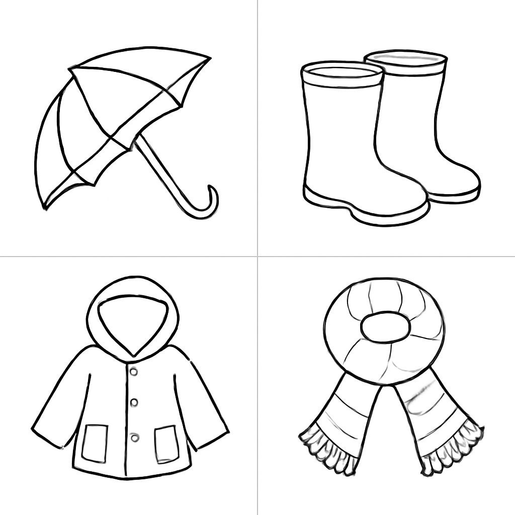 A 2x2 grid of four distinct objects: a colorful umbrella, blue rubber boots, a yellow raincoat, and a striped scarf. Friendly cartoon style, realistic colors, clear outlines, white background, no text.