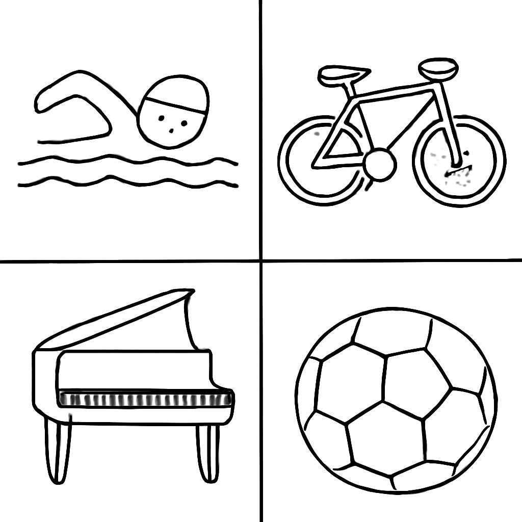 Black-and-white line-art for kids: a 2x2 grid of four distinct objects: a person swimming in a pool, a bicycle, a piano, and a football. Simple bold contours, no shading, white background.