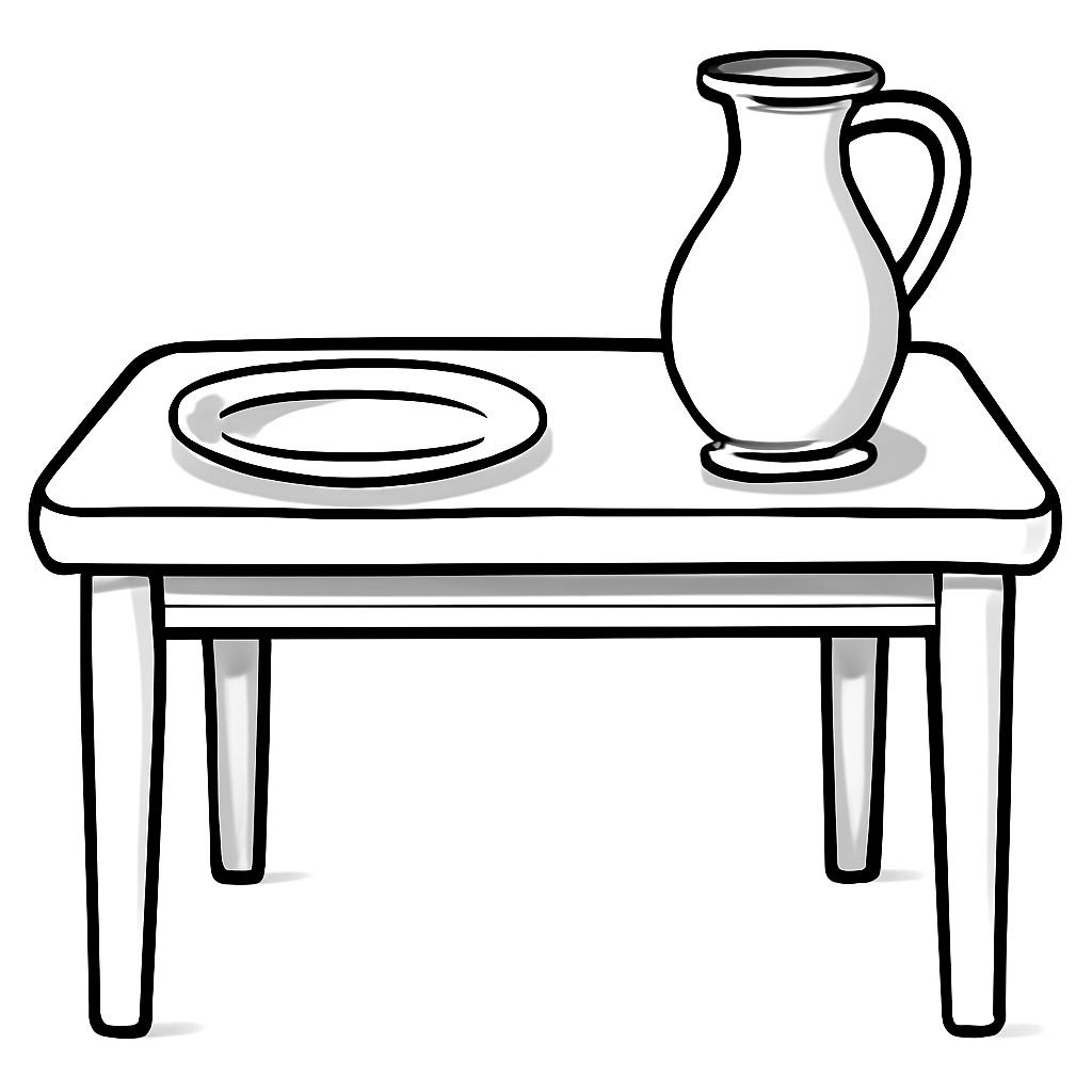 Black-and-white line-art coloring page for kids: a dining table with a flat ceramic plate on one side and a tall narrow clay jug on the other side. Simple bold contours, no shading.