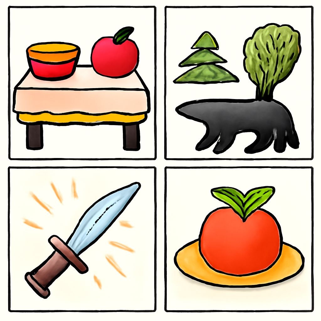 A 2x2 grid in Russian folk art style. Top-left: a table with a white tablecloth covered in food (Self-laying tablecloth). Top-right: a gray wolf running through a forest. Bottom-left: a sword made of steel glowing with light. Bottom-right: a red apple lying on a golden plate. Flat illustration, white background, no text.