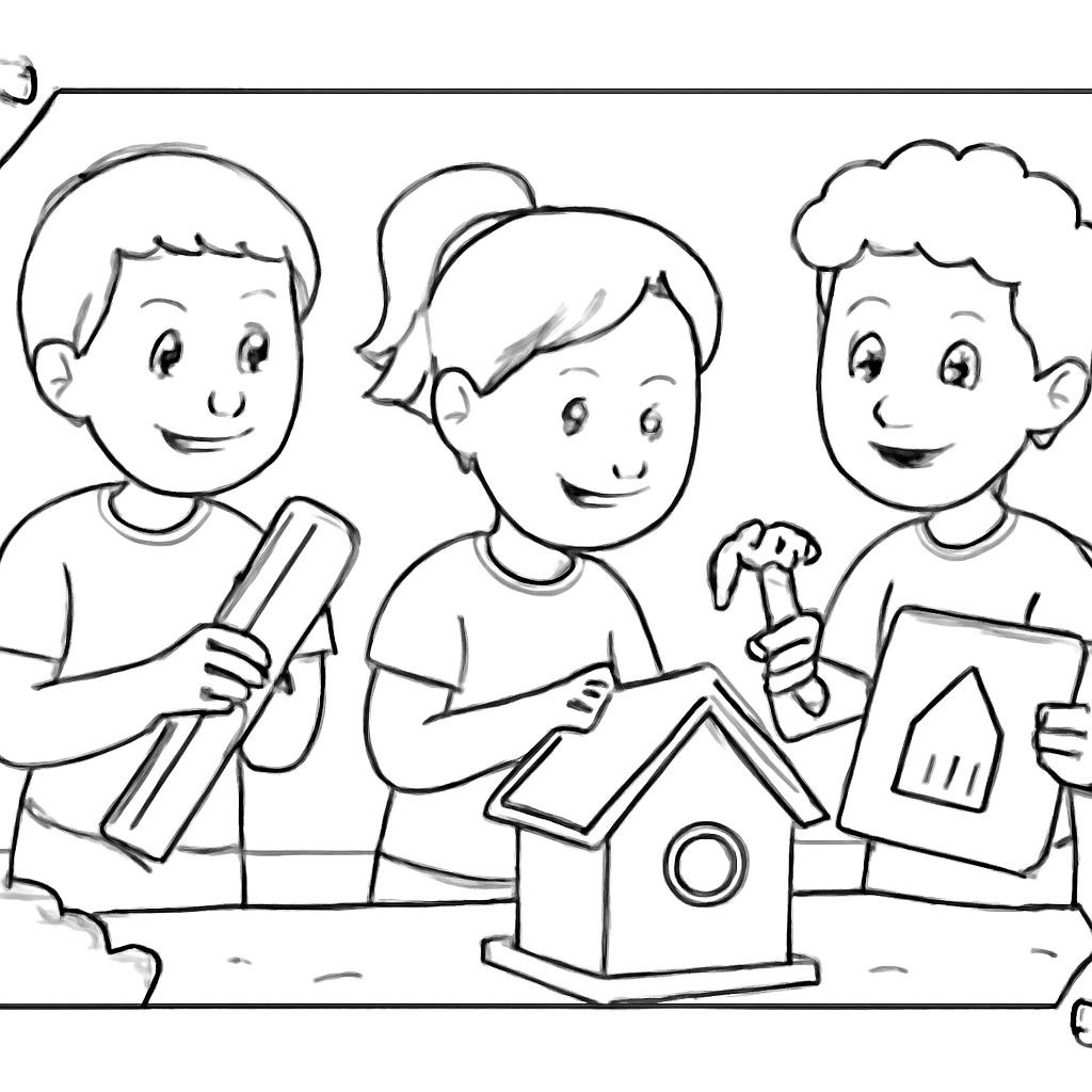 Color illustration for children: a group of three kids building a small birdhouse together in a garden. One child holds a wooden plank, another holds a hammer, and the third points to a blueprint. They are smiling and collaborating. Bright colors, clear simple style.