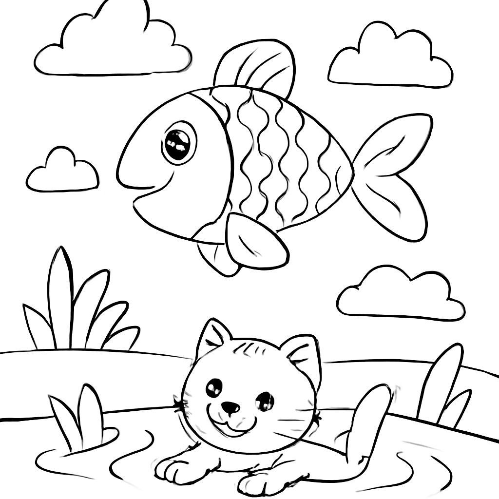 Black-and-white line-art coloring page for kids: a funny scene from a Russian nursery rhyme with a large fish flying in the sky among clouds and a small cat swimming in a pond below, simple bold contours, no shading, suitable for crayons.