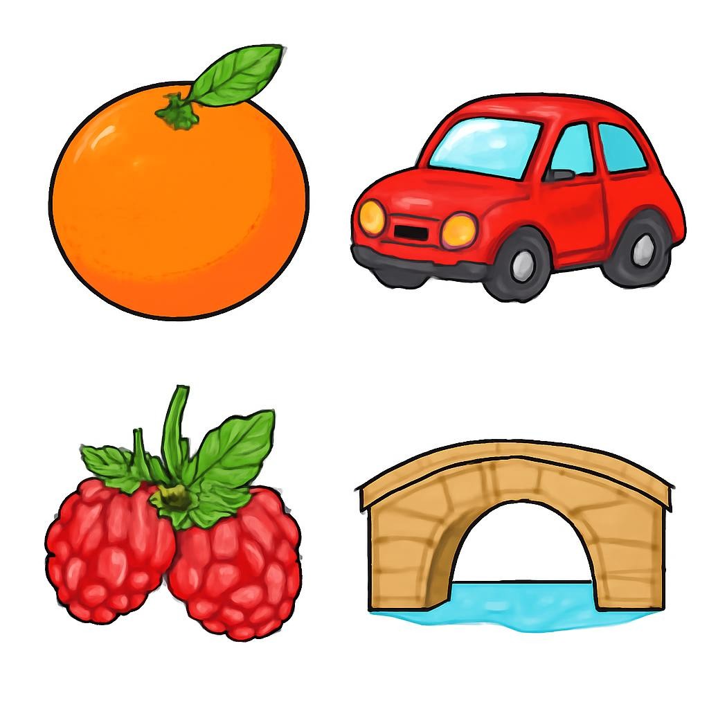 Four items in four quadrants: upper-left is an orange; upper-right is a car; lower-left is a bowl of raspberries; lower-right is a bridge.