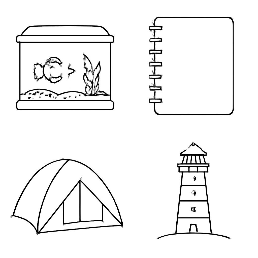A 2×2 grid with an aquarium, notebook, tent and lighthouse.