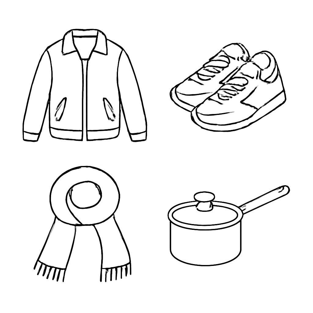 A 2×2 grid with a jacket, trainers, scarf and saucepan.