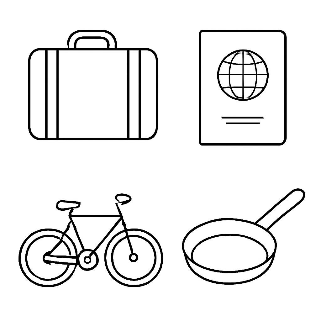 A 2×2 grid with a suitcase, passport, bicycle and frying pan.