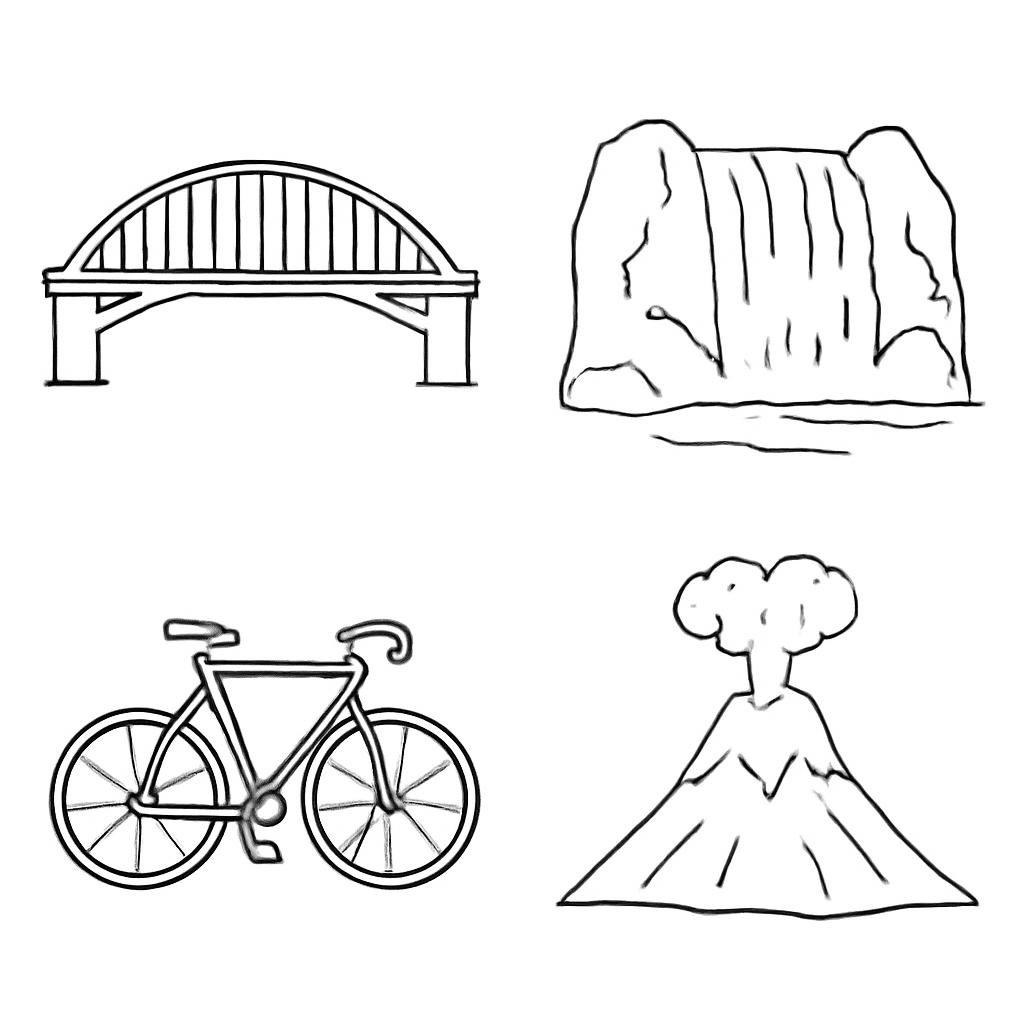 A 2×2 grid with a bridge, waterfall, bicycle and volcano.