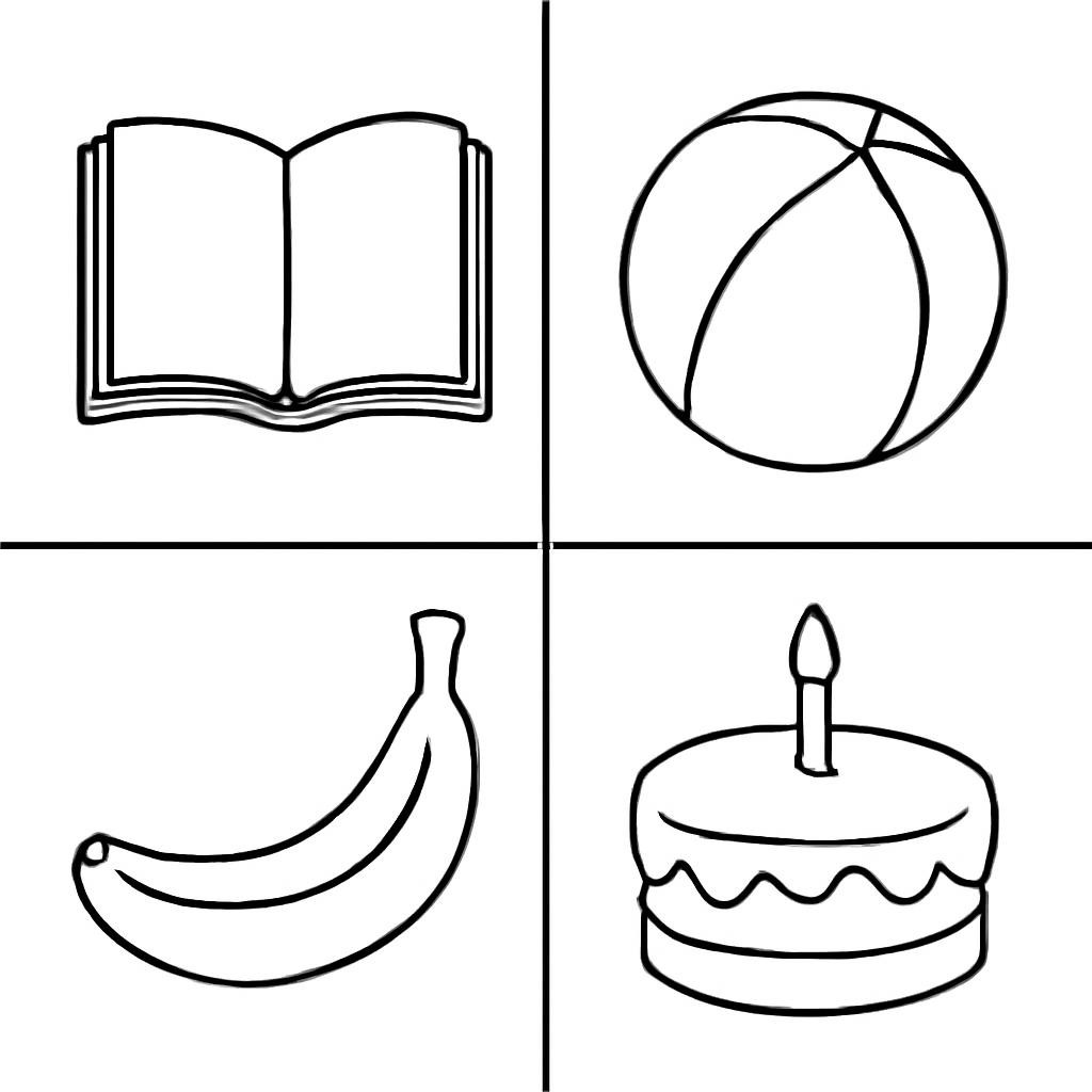 Four simple objects in a two-by-two grid