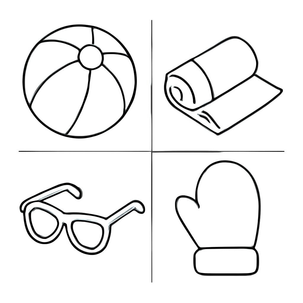 Four summer holiday objects in a two-by-two grid