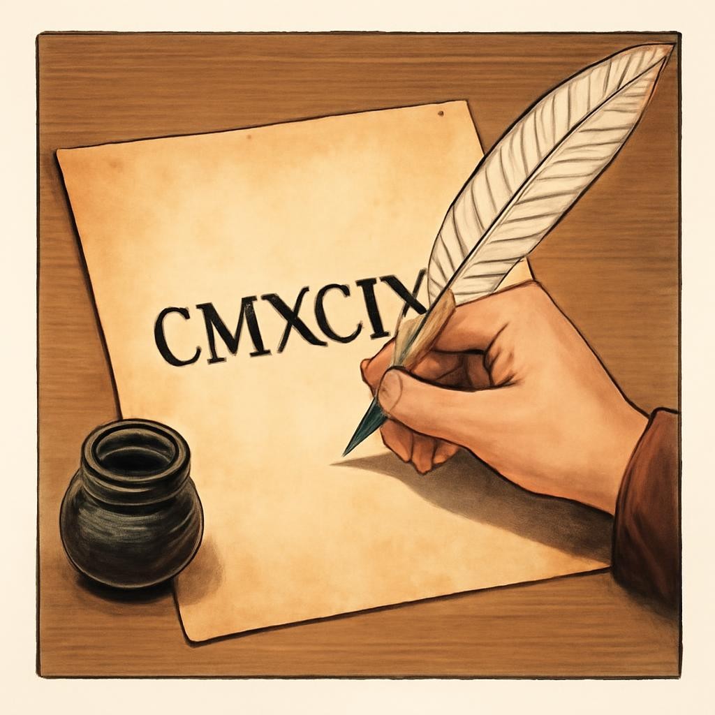 Слайд 10 «Проверка: $CMXCIX$» — иллюстрация к презентации «Римская система записи чисел» по математике для 5 класса