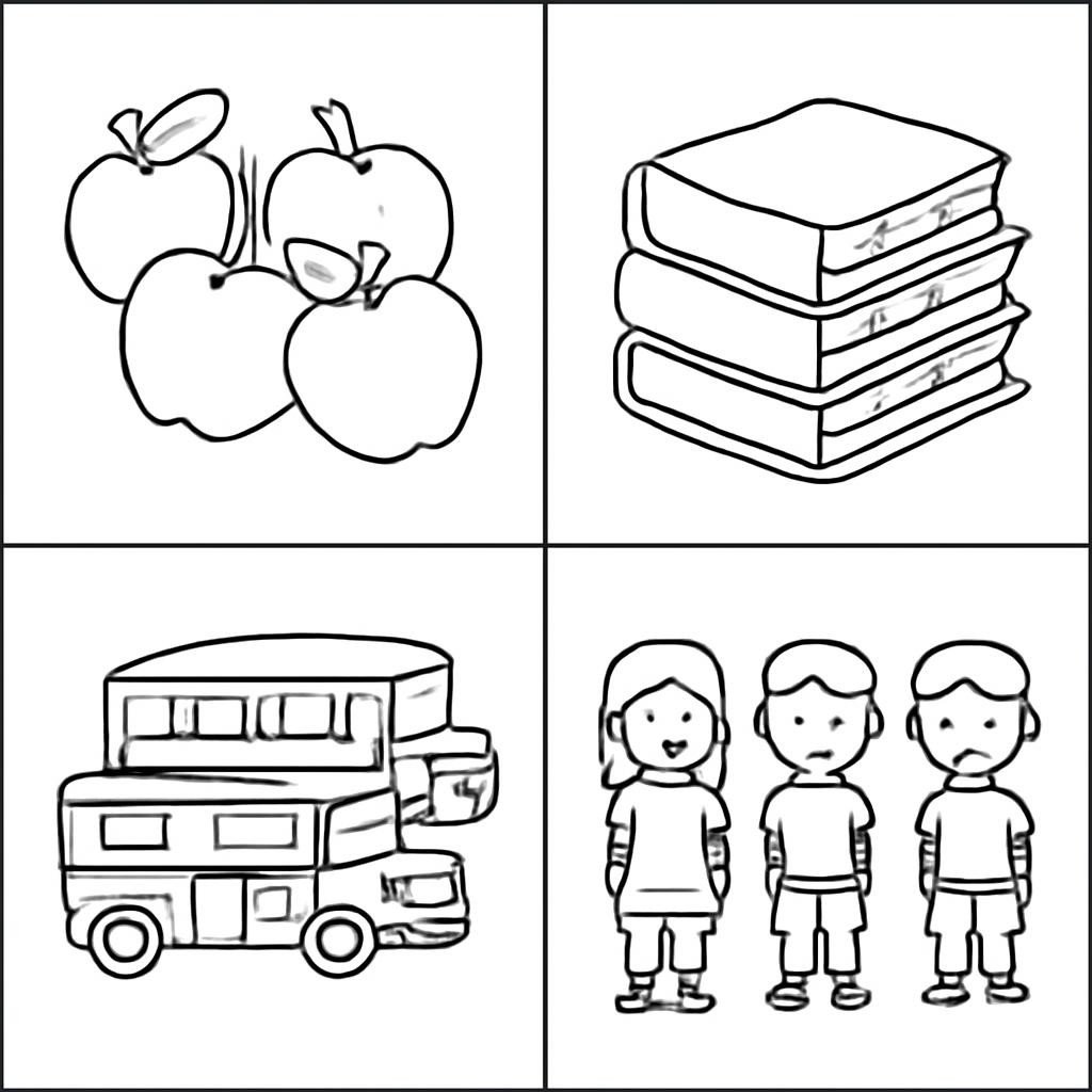 Four groups of objects in a two-by-two grid.