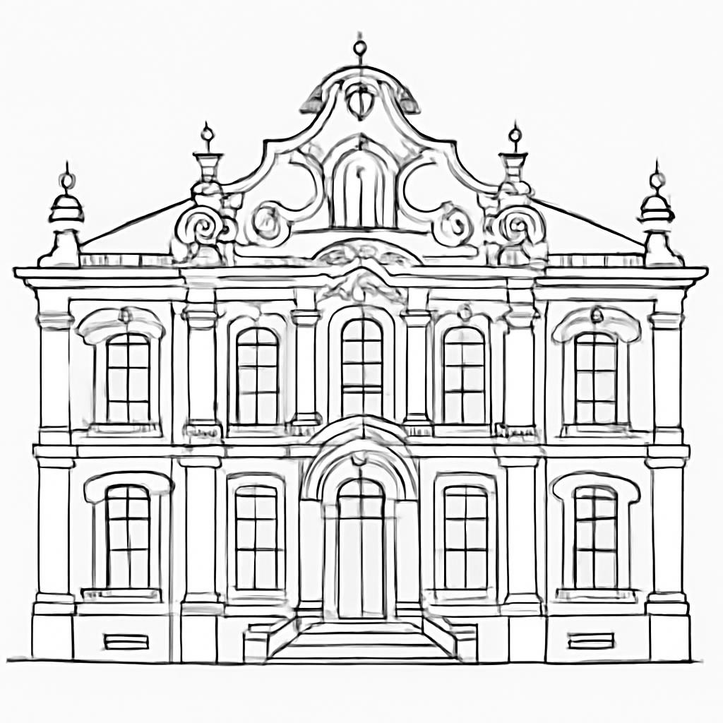 Контурное изображение европейского дворца XVIII века с декоративным фасадом