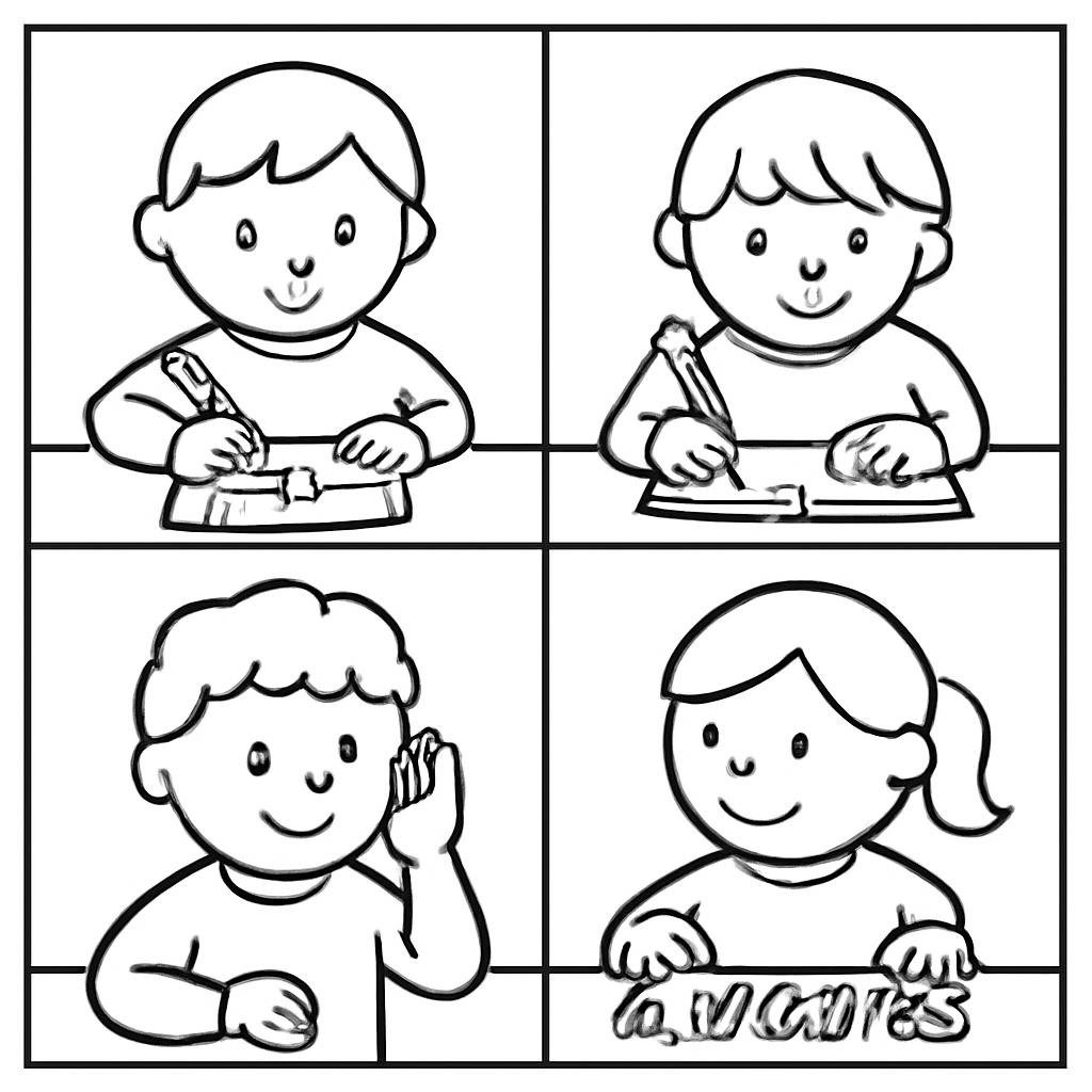Four simple action scenes in a 2x2 grid: a child drawing, a child writing, a child listening, and a child counting objects.