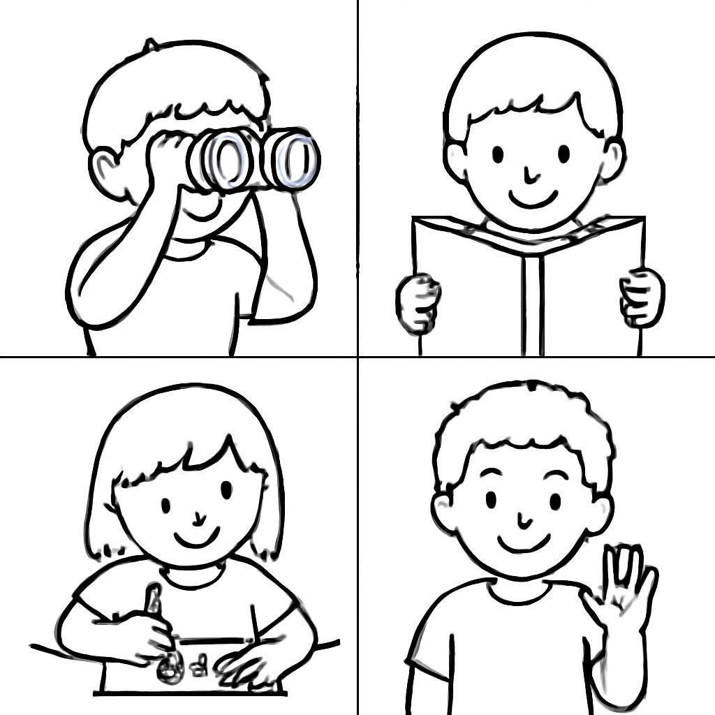 Four simple actions in a 2×2 grid: looking, reading, drawing, and counting.