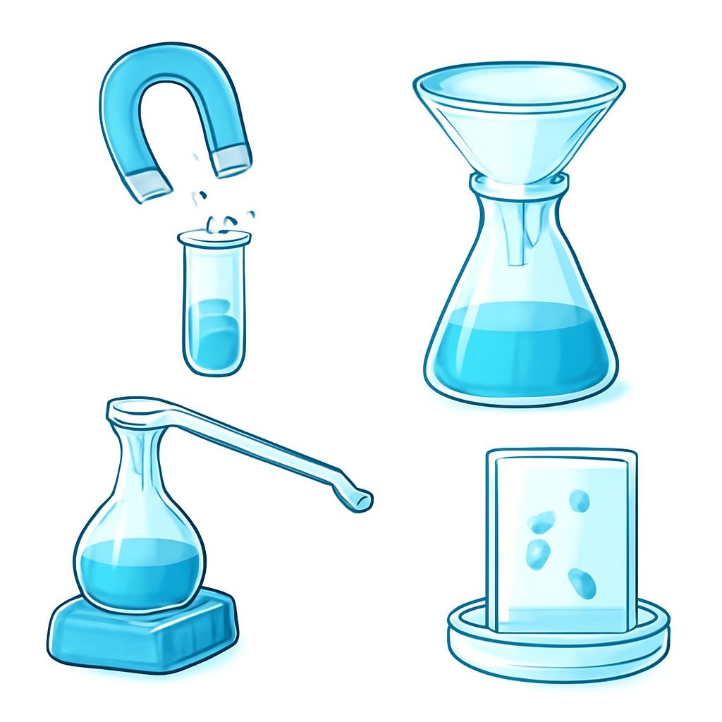 A 2x2 grid of four distinct pieces of chemical laboratory equipment on a white background. Top-left: a glass Liebig condenser. Top-right: a magnetic stirrer with a beaker. Bottom-left: a Buchner funnel on a filtering flask. Bottom-right: a glass crystallizing dish. Realistic 3D render style, clean glassware, scientific lighting.