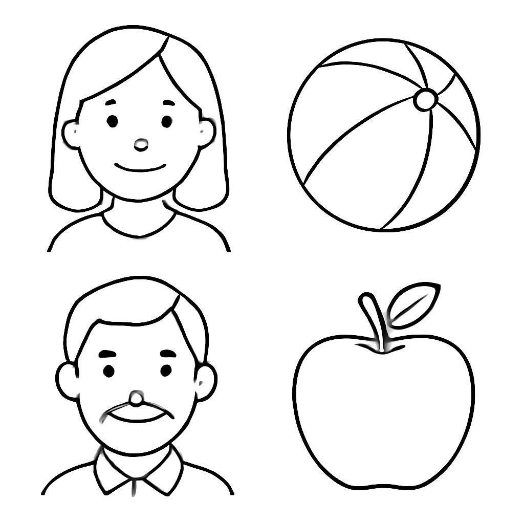 Four simple objects from the family and colours topic