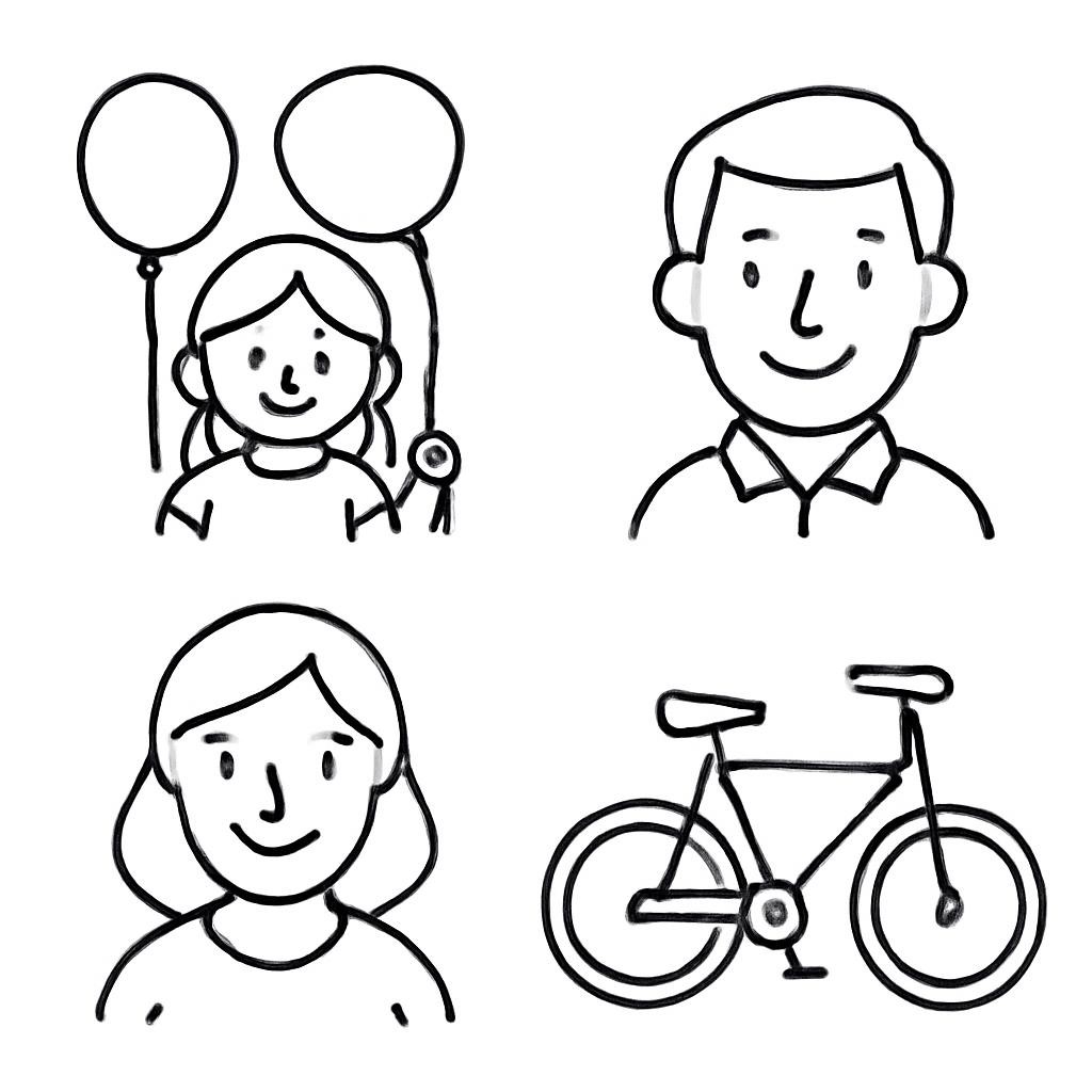 Four friendly family and colour objects