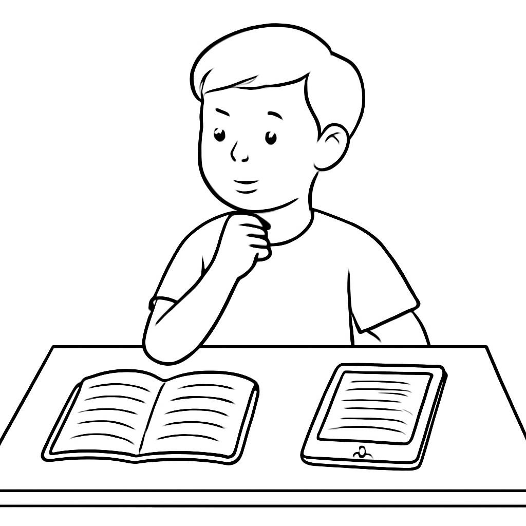 Чёрно-белая контурная сцена с печатной и электронной книгой