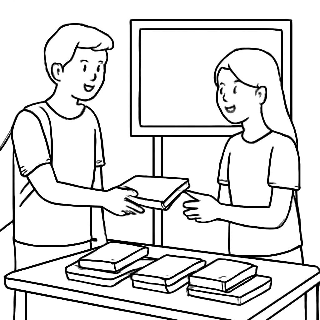 Чёрно-белая контурная сцена обмена книгами
