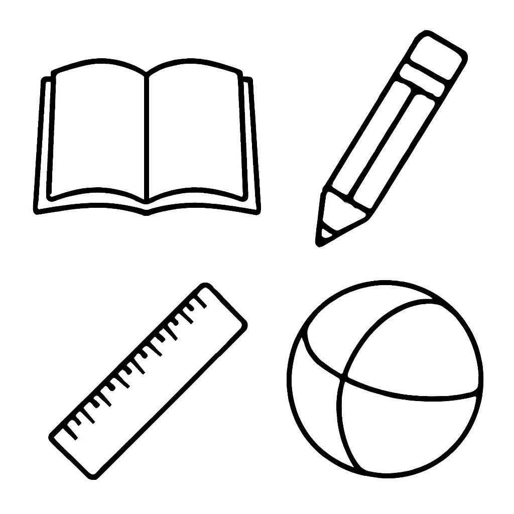 Четыре предмета: книга, карандаш, линейка и мяч