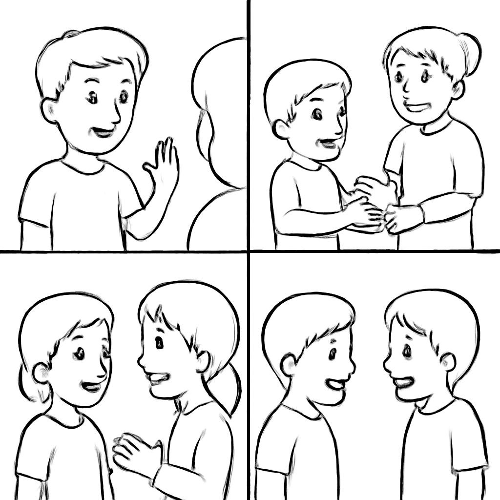 A black-and-white clean 2x2 grid of four distinct child behavior scenes, one scene per equal cell: a smiling child greeting another person in the top-left, a smiling child helping an older person carry a light bag in the top-right, a smiling child listening to a teacher in the bottom-left, and an angry-looking child shouting at a friend in the bottom-right. Keep the scene clear and child-friendly; no text, no labels, no shading, no visual clutter.